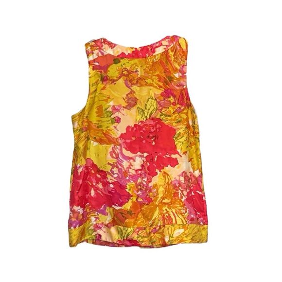 J. Crew | Yellow Pink Floral Print Silk Asymmetric Tie Women’s Sleeveless Blouse - Picture 2 of 13